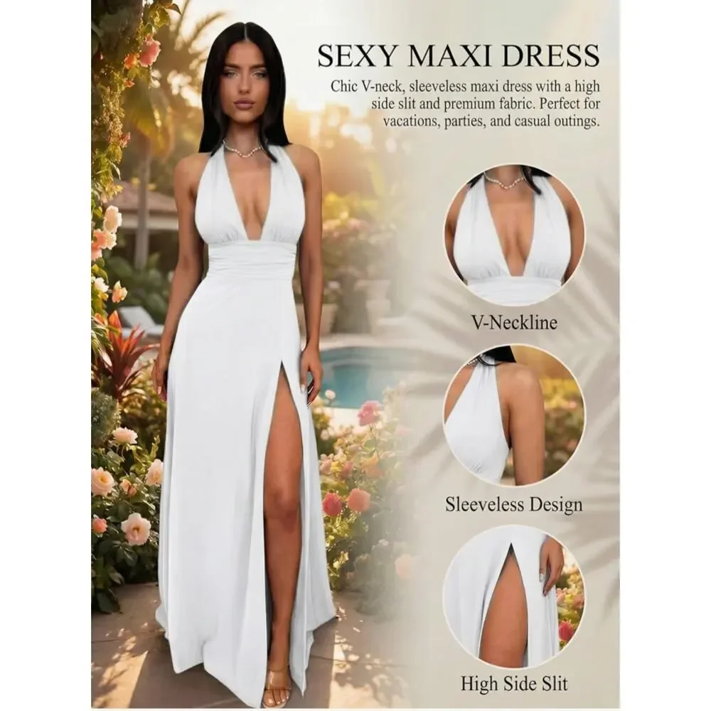 #281 MSRP $50 NWOT GOKATOSAU WHITE HALTER PLUNGING NECK HIGH SLIT MAXI ♡SIZE L♡